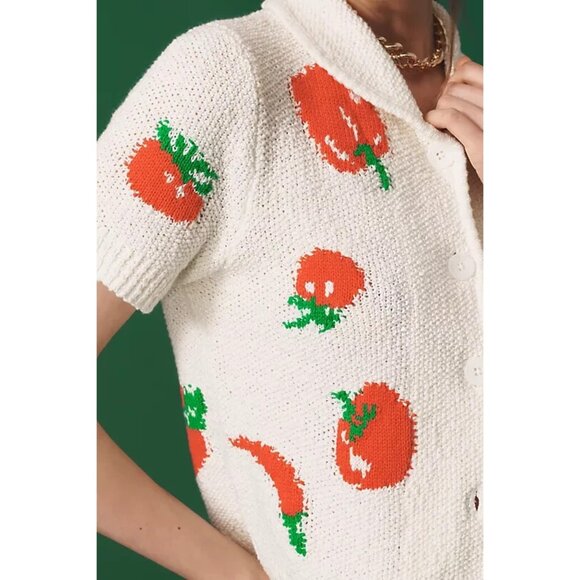 NWT Size XXS - Maeve Veggie Motif Graphic Sweater Tomato Collared Cardigan - Picture 2 of 16